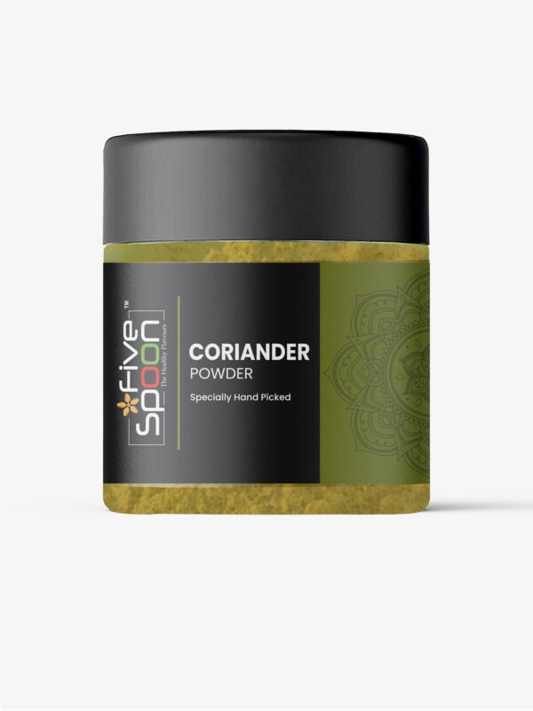 “Coriander powder packaged in a clear spice jar with a green label.”